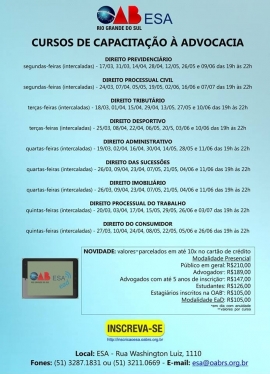 Relao de cursos e valores da inscrio